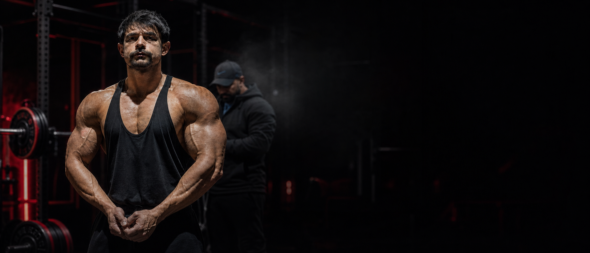 Karanlık spor salonunda başvuru formu için siyah antrenman kıyafetli kişisel antrenör