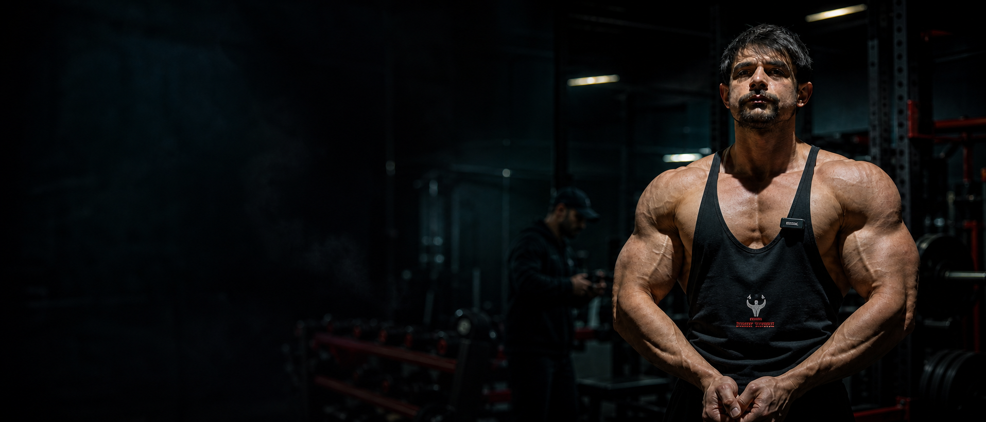 Karanlık spor salonunda siyah antrenman kıyafetiyle yüz yüze PT antrenörü